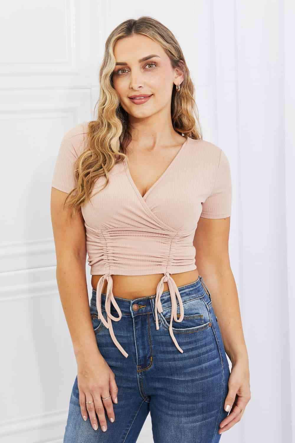 Capella Back To Simple Full Size Ribbed Front Scrunched Top in Blush Blouses - Tophatter Daily Deals