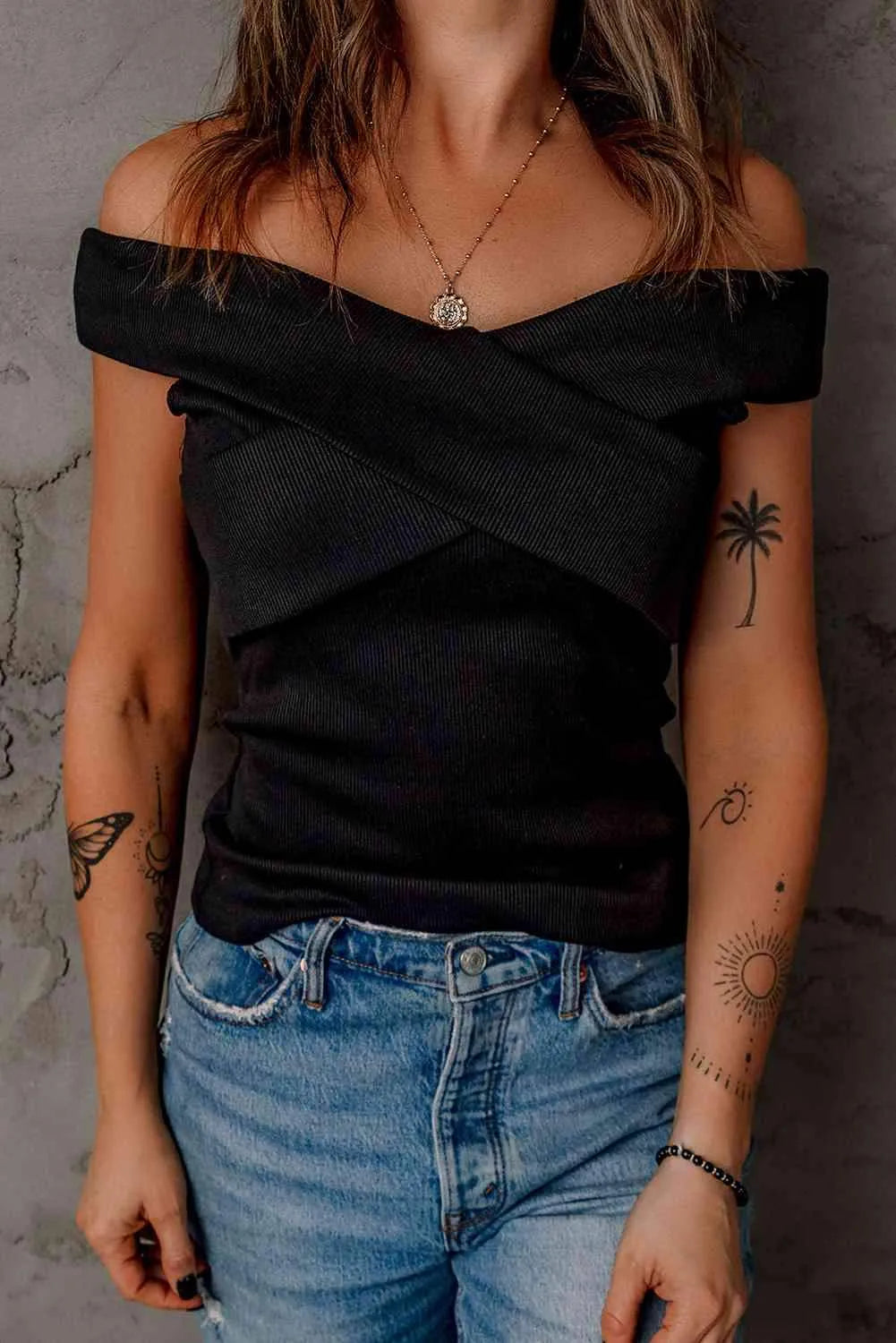 Off-Shoulder Ribbed Crisscross Top Blouses - Tophatter Daily Deals