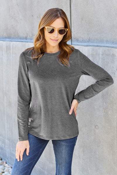 Basic Bae Full Size Round Neck Long Sleeve Top Blouses - Tophatter Daily Deals