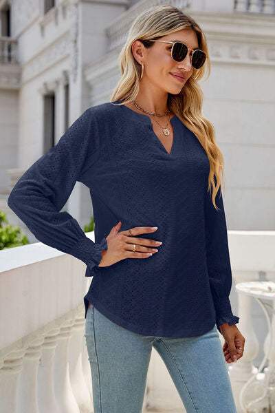 Eyelet Notched Lantern Sleeve T-Shirt Women's T-Shirts - Tophatter Daily Deals