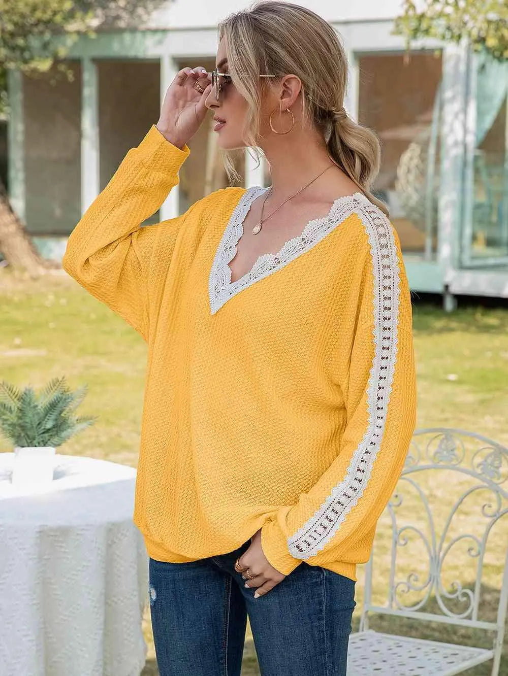 Contrast Spliced Lace V-Neck Top Mustard Blouses - Tophatter Daily Deals