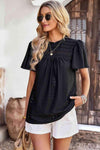 Frill Trim Round Neck Eyelet Puff Sleeve Blouse Black Blouses - Tophatter Daily Deals