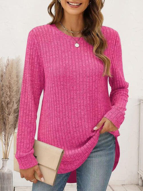 Ribbed Round Neck Long Sleeve T-Shirt Hot Pink Women's T-Shirts - Tophatter Daily Deals