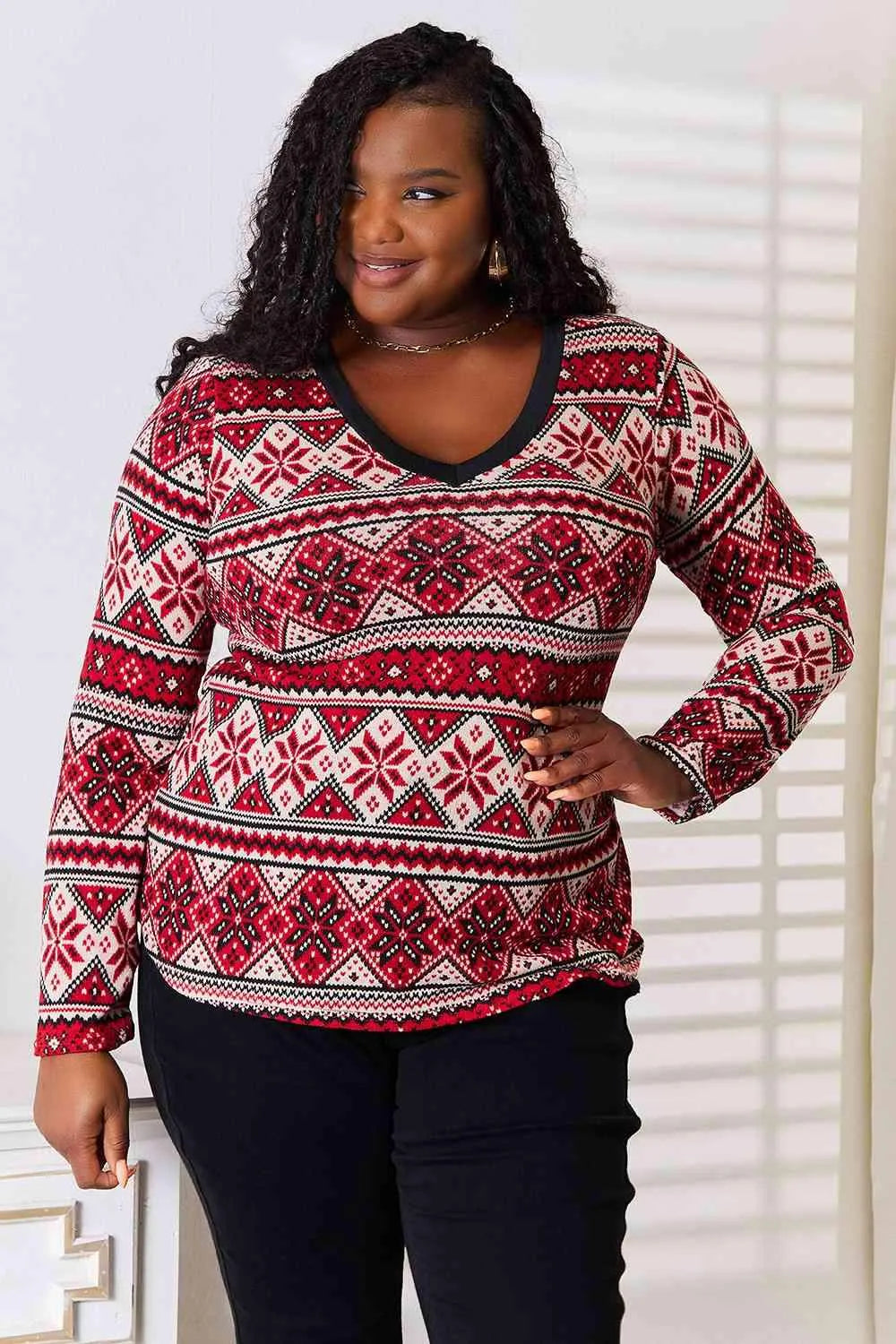 Heimish Full Size Snowflake Print Long Sleeve Top Blouses - Tophatter Daily Deals