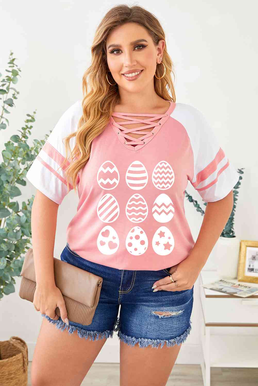 Plus Size Easter Egg Graphic Crisscross Tee Shirt Pink Women's T-Shirts - Tophatter Daily Deals