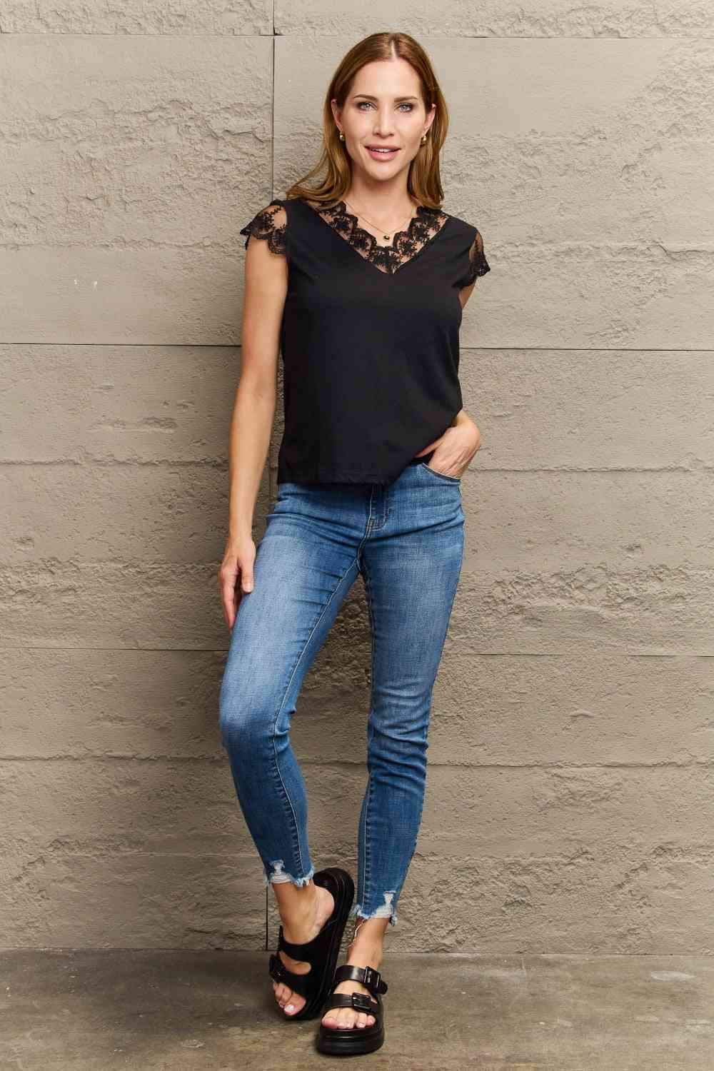 Lace Trim Cap Sleeve Blouse Blouses - Tophatter Daily Deals