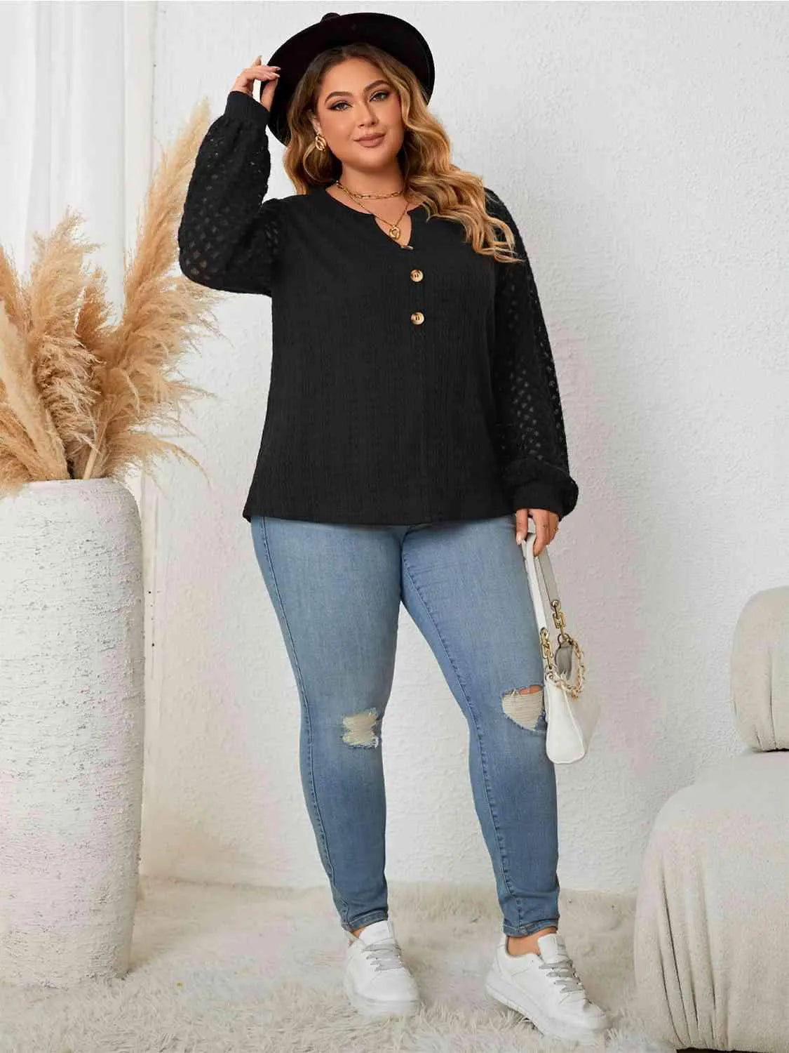 Plus Size Openwork Notched Button Front Blouse Blouses - Tophatter Daily Deals