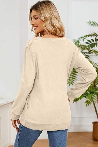 Ruched Round Neck Long Sleeve T-Shirt Women's T-Shirts - Tophatter Daily Deals