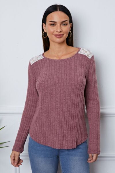 Lace Detail Long Sleeve T-Shirt Light Mauve Women's T-Shirts - Tophatter Daily Deals