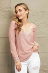 Double Take Contrast V-Neck Eyelet Long Sleeve Top Dusty Pink Blouses - Tophatter Daily Deals