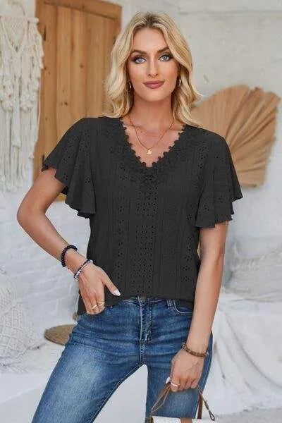 Eyelet Applique V-Neck Cap Sleeve T-Shirt Women's T-Shirts - Tophatter Daily Deals