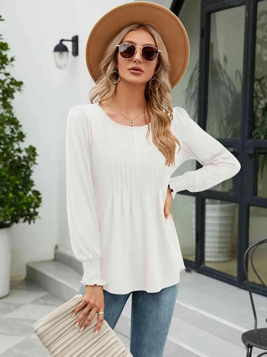 Smocked Round Neck Lantern Sleeve Blouse Blouses - Tophatter Daily Deals