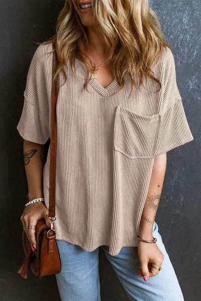 Textured V-Neck Dropped Shoulder T-Shirt Women's T-Shirts - Tophatter Daily Deals