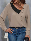 Asymmetrical Neck Buttoned Long Sleeve Top Camel Women's T-Shirts - Tophatter Daily Deals