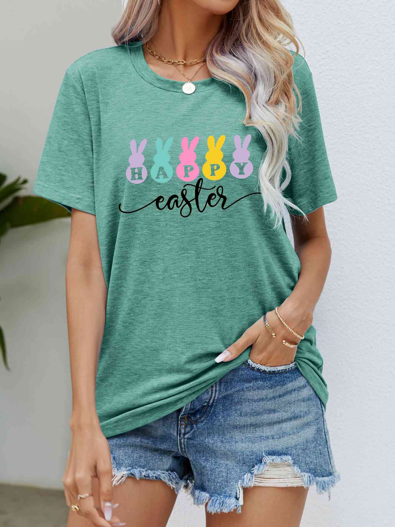 HAPPY EASTER Graphic Round Neck T-Shirt Gum Leaf Women's T-Shirts - Tophatter Daily Deals