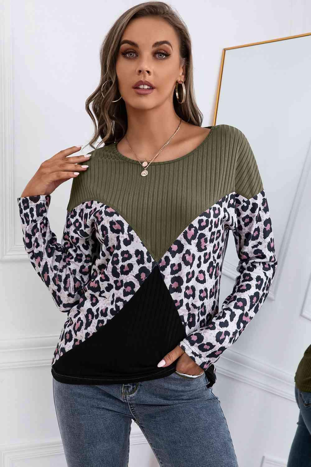 Leopard Patch Color Block Ribbed Top Army Green Blouses - Tophatter Daily Deals