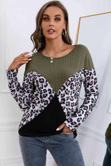 Leopard Patch Color Block Ribbed Top Army Green Blouses - Tophatter Daily Deals