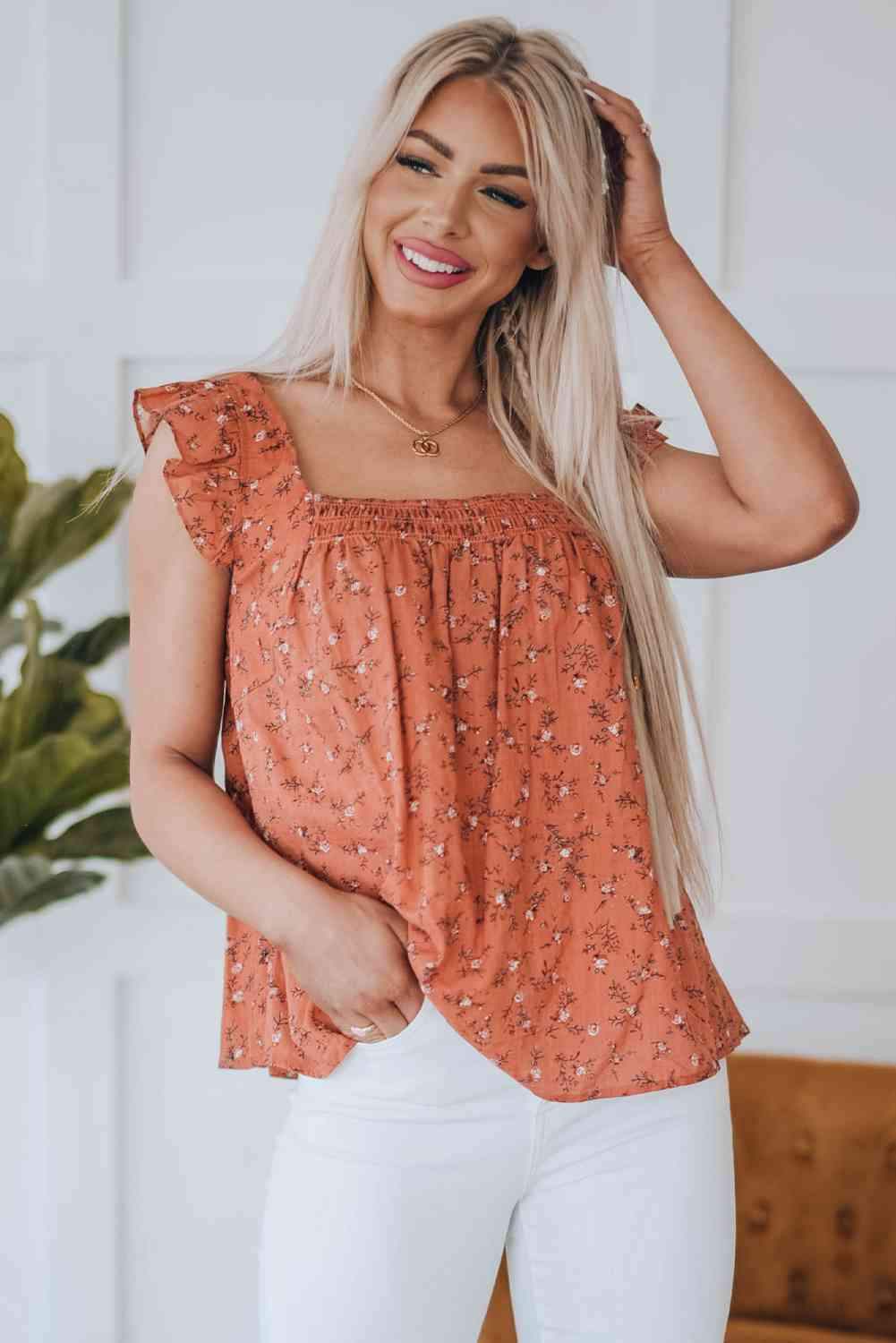 Floral Smocked Square Neck Top Orange Blouses - Tophatter Daily Deals