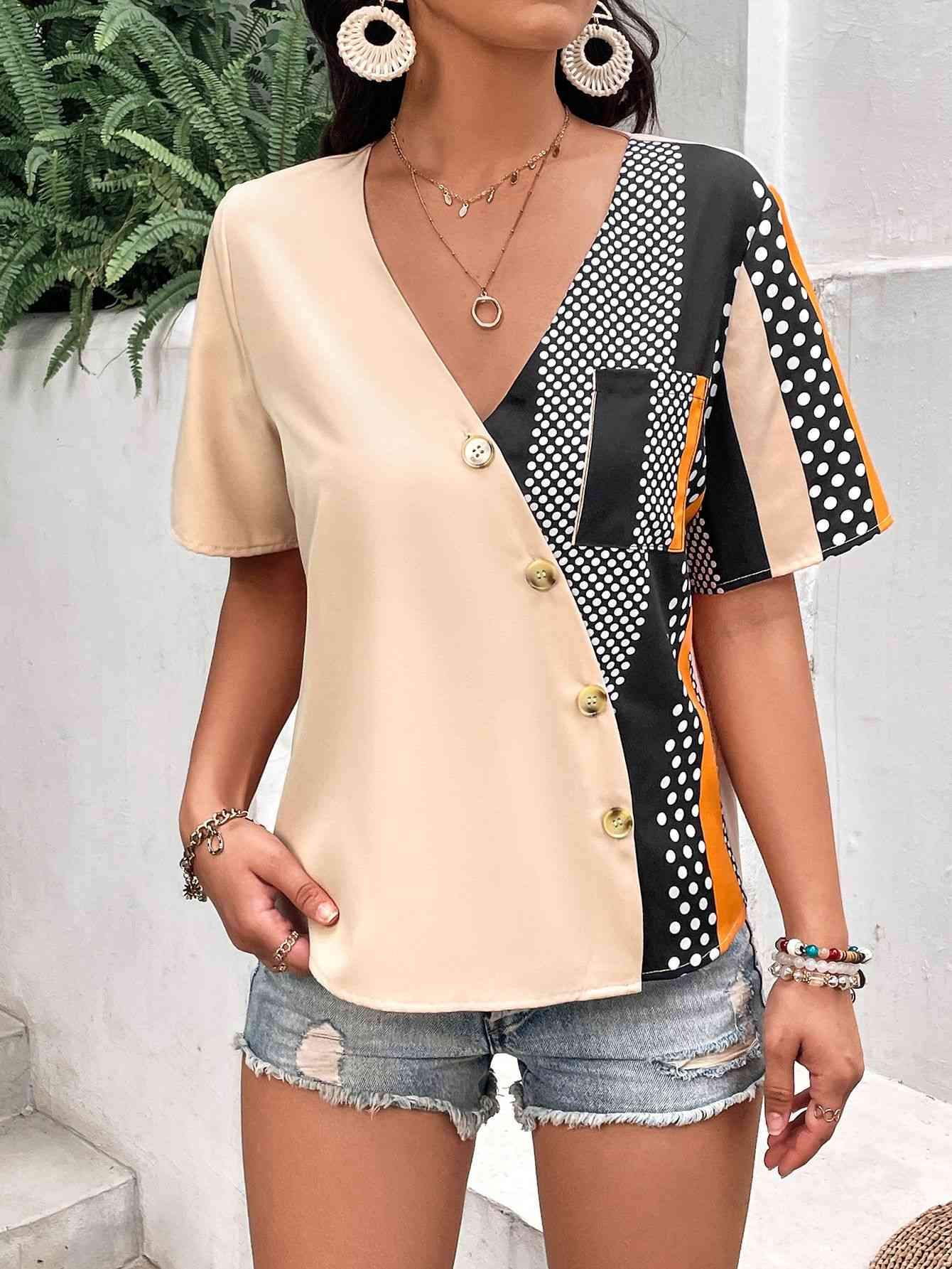 Plunge Flutter Sleeve Blouse with Pocket Blouses - Tophatter Daily Deals