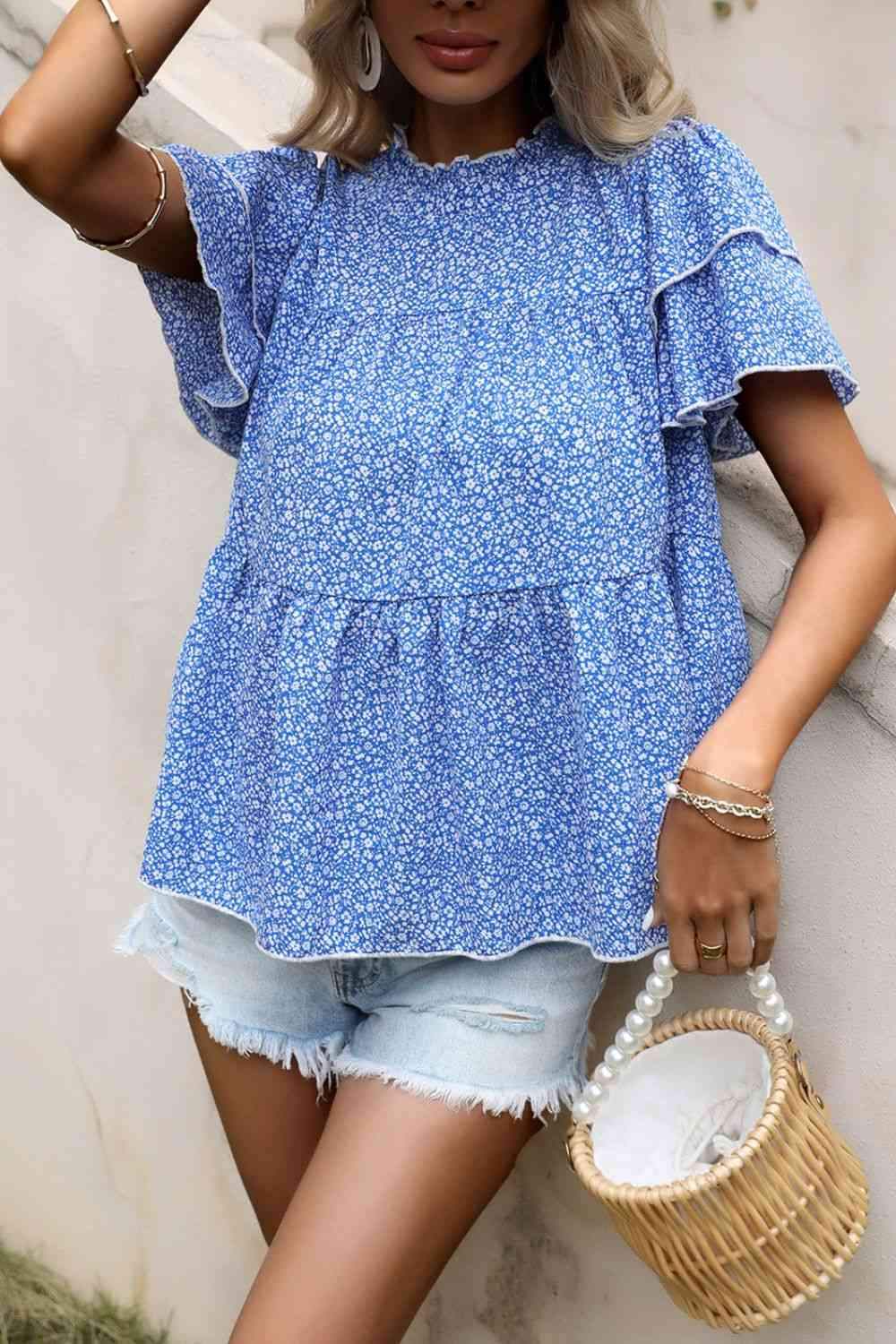 Ditsy Floral Layered Flutter Sleeve Blouse Sky Blue Blouses - Tophatter Daily Deals