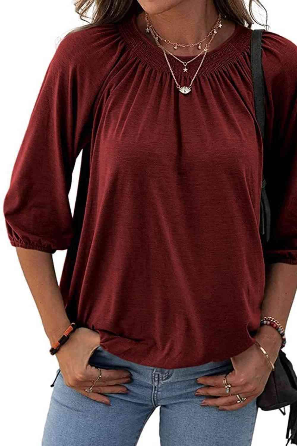 Gathered Detail Round Neck T-Shirt Women's T-Shirts - Tophatter Daily Deals