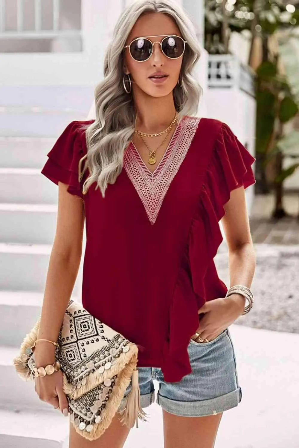 Contrast Ruffle Trim Flutter Sleeve Blouse Wine Blouses - Tophatter Daily Deals