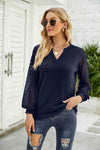 Waffle-Knit Spliced Lace Notched Top Navy Blouses - Tophatter Daily Deals