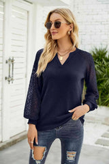 Waffle-Knit Spliced Lace Notched Top Navy Blouses - Tophatter Daily Deals