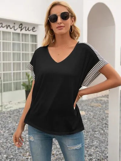 Striped V-Neck Short Sleeve T-Shirt Black Women's T-Shirts - Tophatter Daily Deals