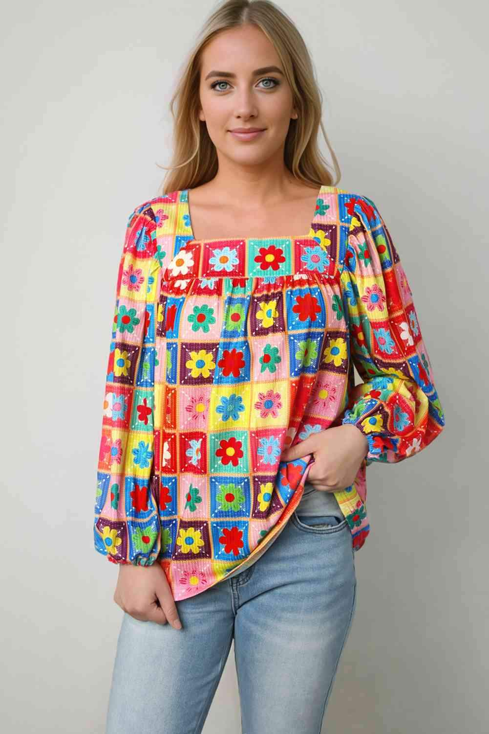 Printed Square Neck Balloon Sleeve Top Multicolor Blouses - Tophatter Daily Deals