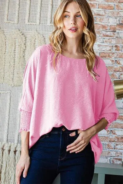Reborn J Texture Round Neck Smocked Half Sleeve Top Blouses - Tophatter Daily Deals