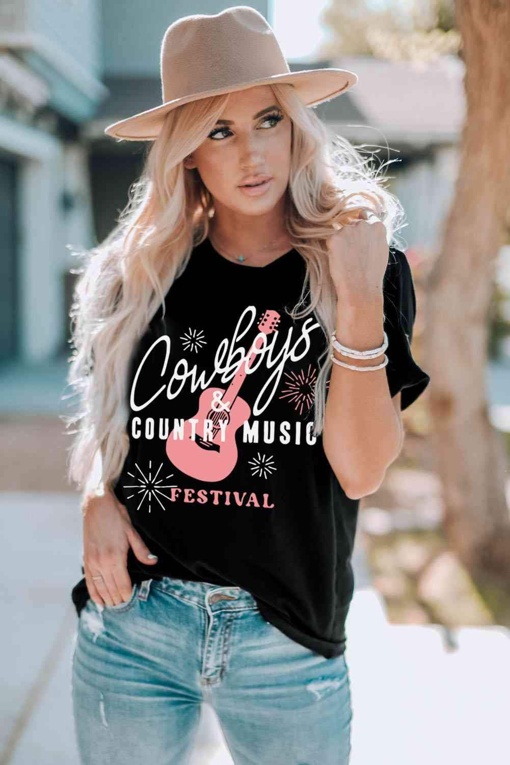 COWBOYS COUNTRY MUSIC Round Neck T-Shirt Black - Tophatter Daily Deals