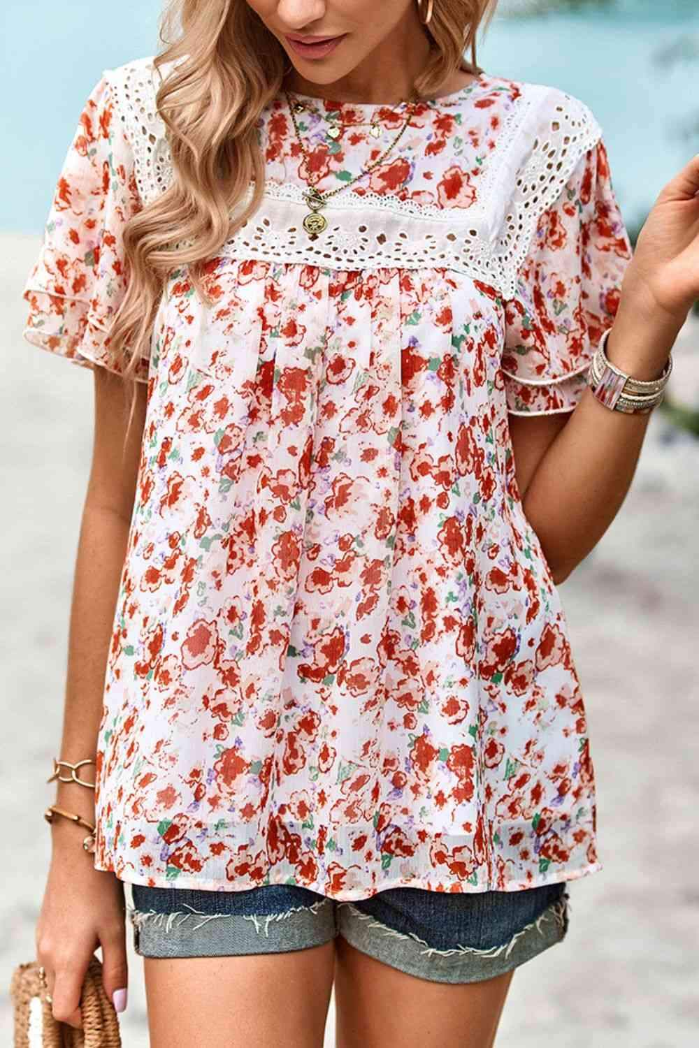 Floral Round Neck Spliced Lace Blouse Blouses - Tophatter Daily Deals