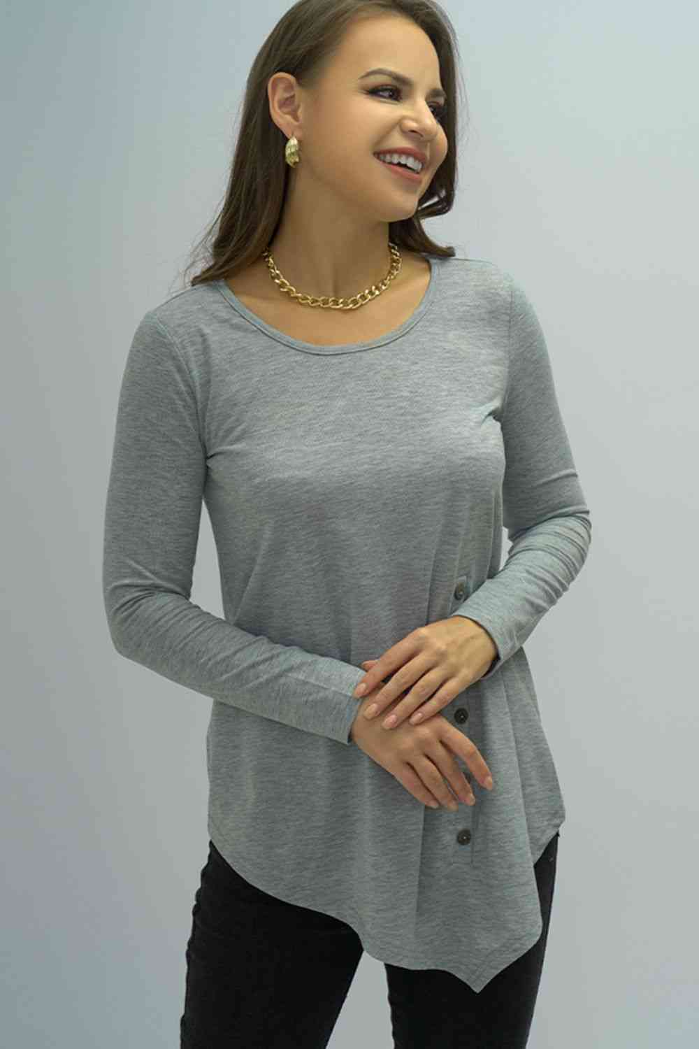 Buttoned Long Sleeve Round Neck Tee Women's T-Shirts - Tophatter Daily Deals