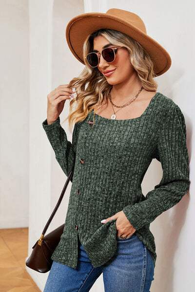 Decorative Button Square Neck T-Shirt Women's T-Shirts - Tophatter Daily Deals