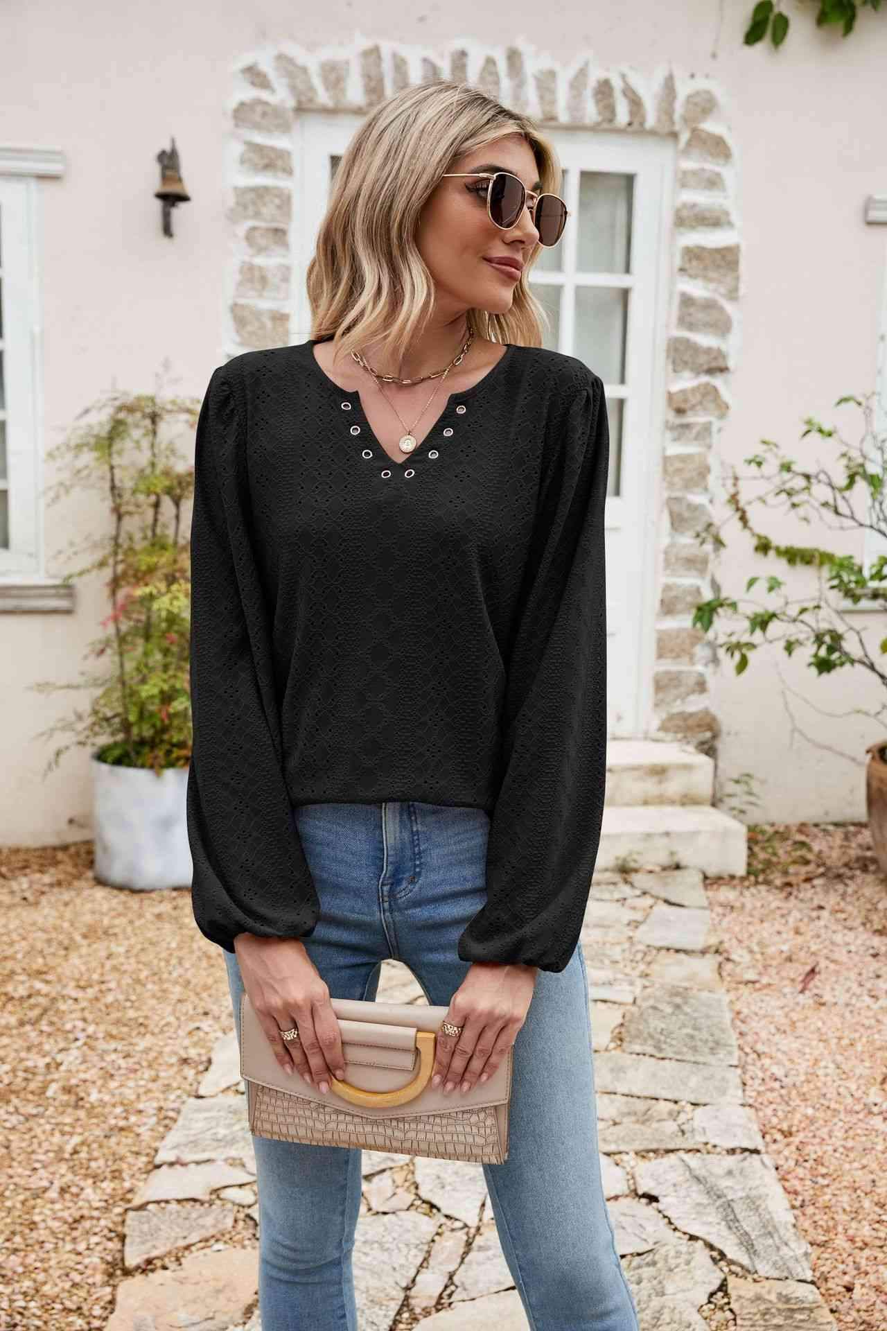 Eyelet Notched Neck Balloon Sleeve Blouse Blouses - Tophatter Daily Deals