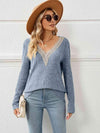 Contrast V-Neck Long Sleeve Blouse Blouses - Tophatter Daily Deals