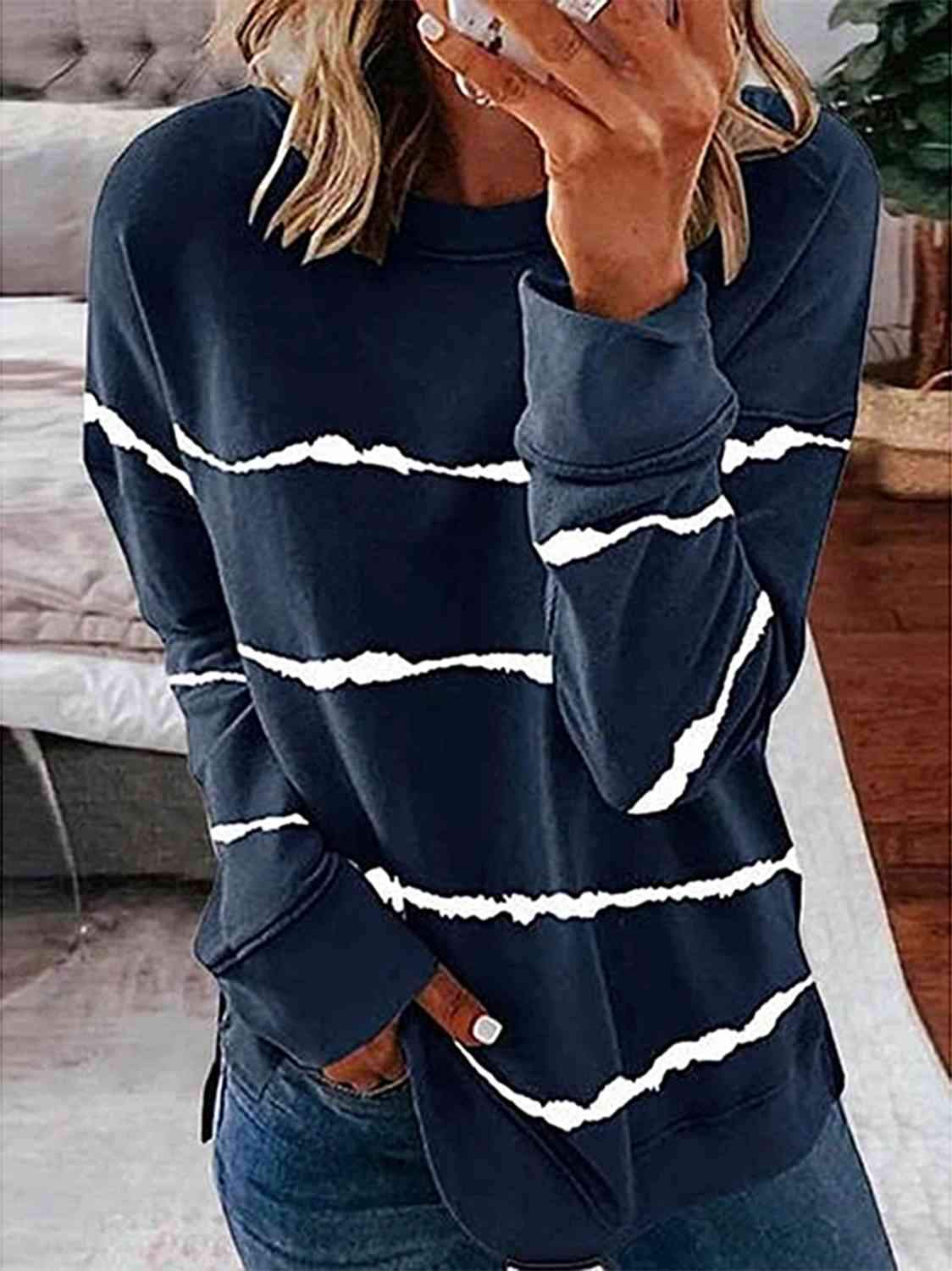 Striped Round Neck T-Shirt French Blue Women's T-Shirts - Tophatter Daily Deals