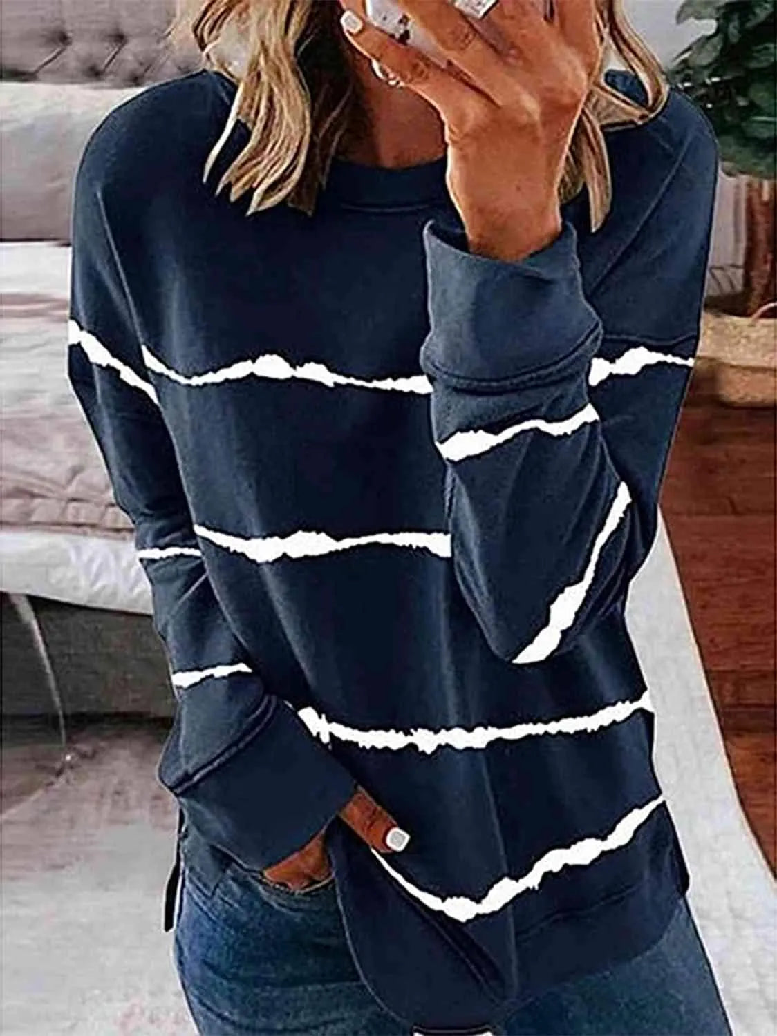 Striped Round Neck T-Shirt French Blue Women's T-Shirts - Tophatter Daily Deals
