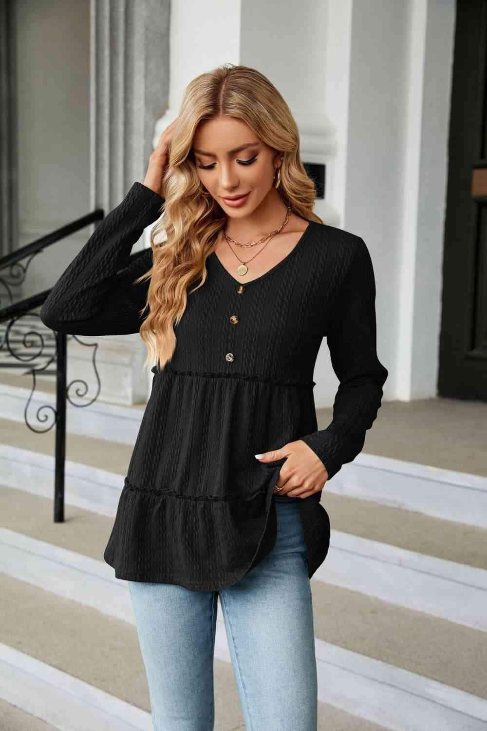 Long Sleeve V-Neck Cable-Knit Blouse Blouses - Tophatter Daily Deals