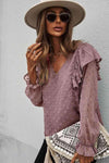 Swiss Dot Ruffle Shoulder Long Sleeve Blouse Pink Blouses - Tophatter Daily Deals