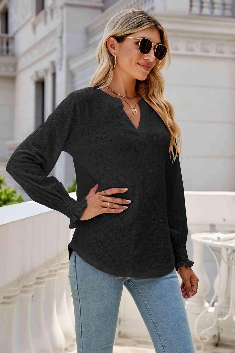 Notched Flounce Sleeve Eyelet Top Blouses - Tophatter Daily Deals