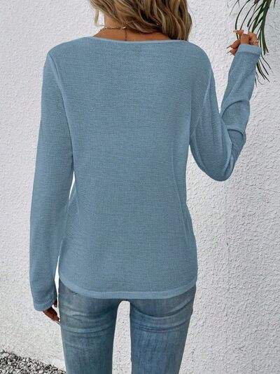 Waffle-Knit Lace Detail V-Neck Long Sleeve T-Shirt Women's T-Shirts - Tophatter Daily Deals