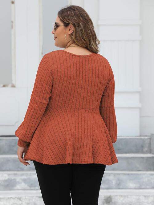 Plus Size Ribbed V-Neck Long Sleeve Blouse Blouses - Tophatter Daily Deals