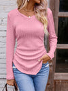 Textured Ruched V-Neck Long Sleeve T-Shirt Women's T-Shirts - Tophatter Daily Deals