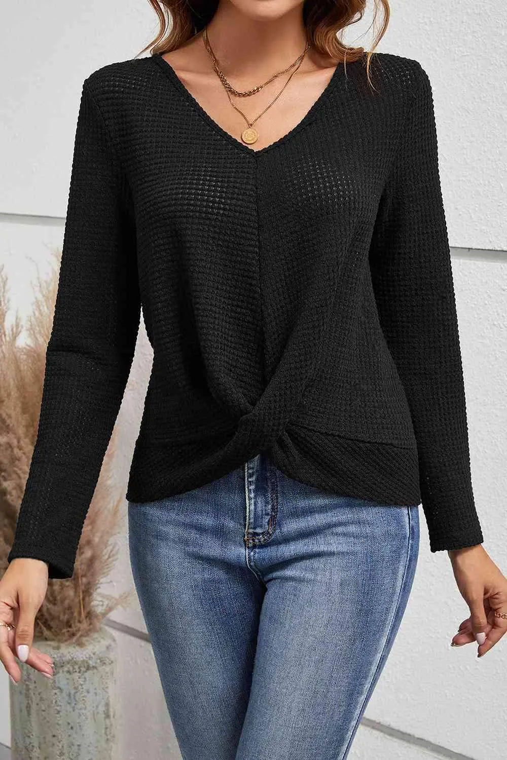 Lace Detail V-Neck Twisted Blouse Black Blouses - Tophatter Daily Deals