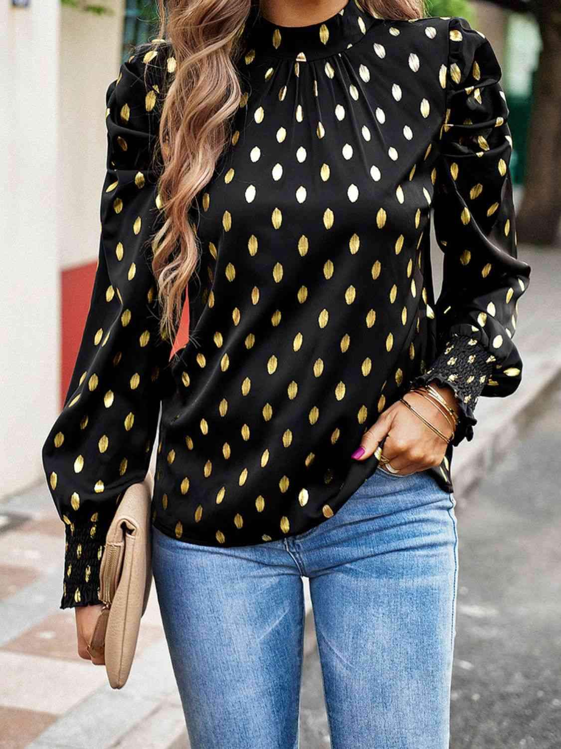 Printed Mock Neck Lantern Sleeve Blouse Black Blouses - Tophatter Daily Deals