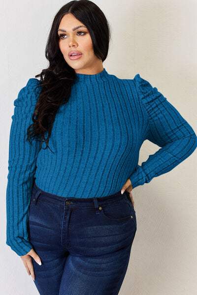 Basic Bae Full Size Ribbed Mock Neck Puff Sleeve T-Shirt Women's T-Shirts - Tophatter Daily Deals