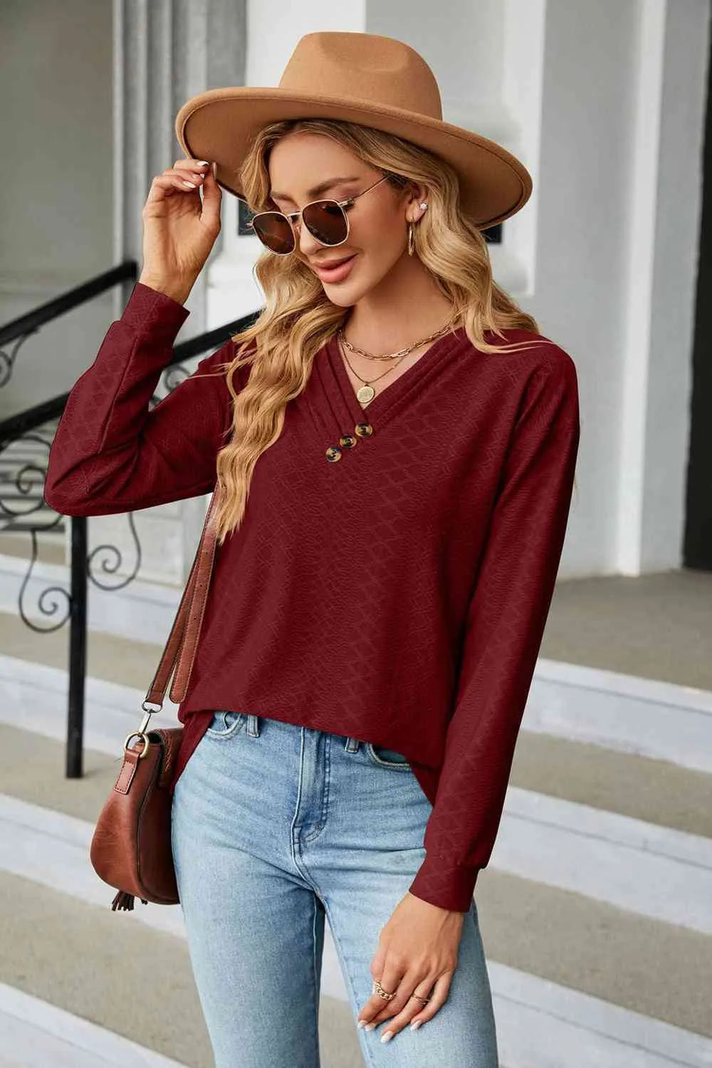 V-Neck Long Sleeve Blouse Blouses - Tophatter Daily Deals