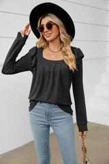Square Neck Ruffle Shoulder Long Sleeve T-Shirt Women's T-Shirts - Tophatter Daily Deals